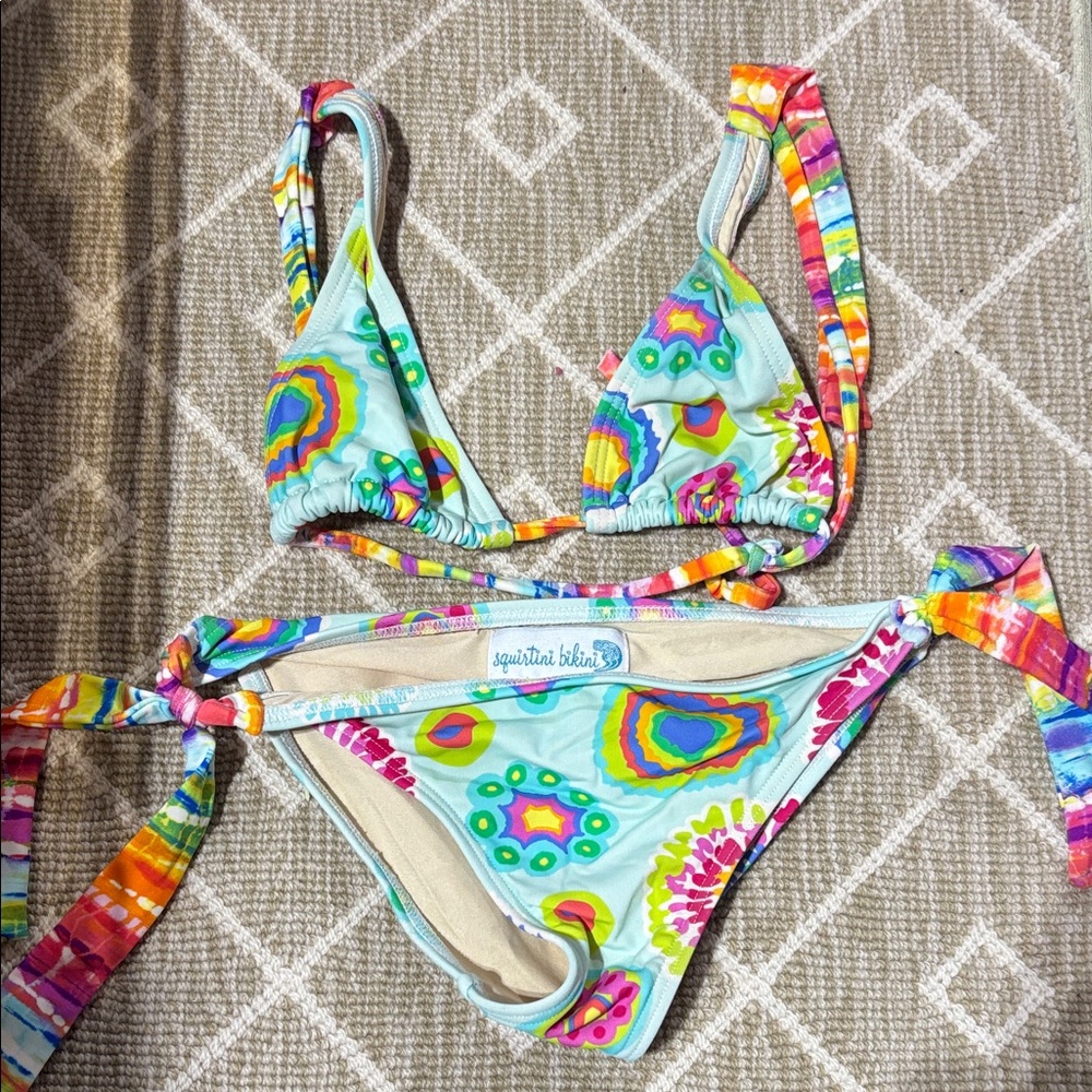 Girls' Aqua Rainbow Floral Tie-Side Swim Bikini